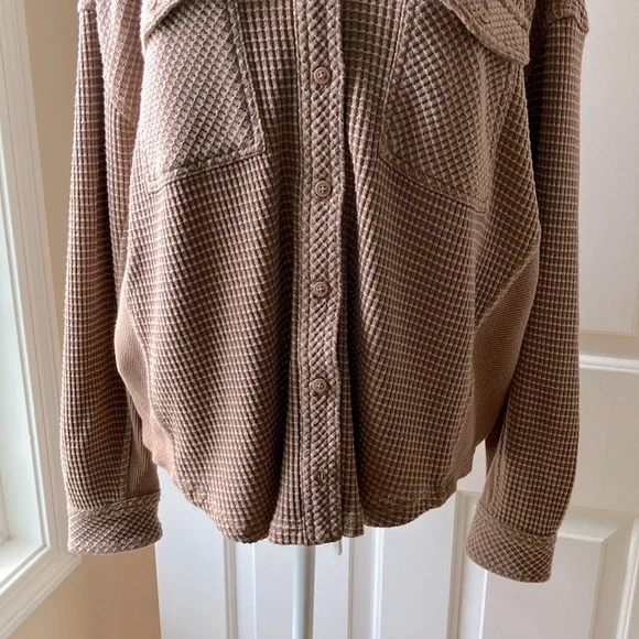 Aerie Women’s Textured Waffle Shirt Long Sleeve Brown & Cream Size Oversized XXS - Picture 6 of 16